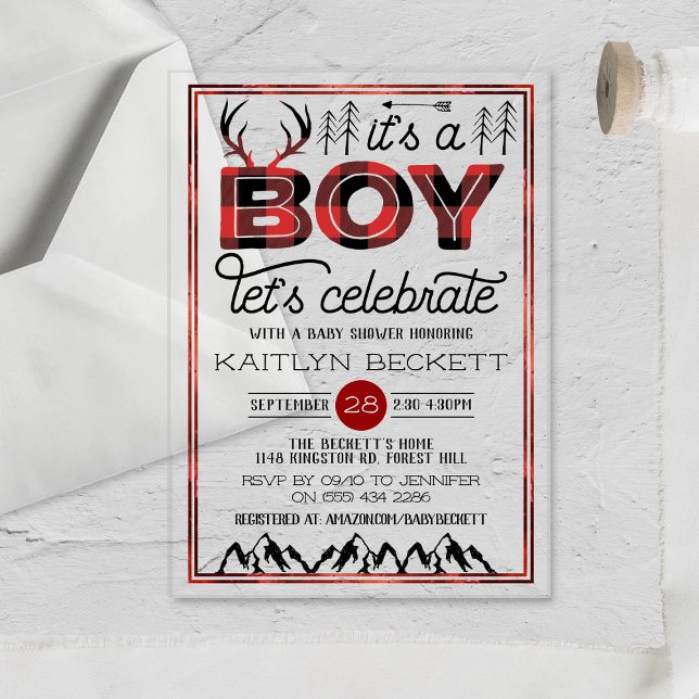 It's A Boy! Rustic Plaid Lumberjack Baby Shower Acrylic Invitations (Creator Uploaded)