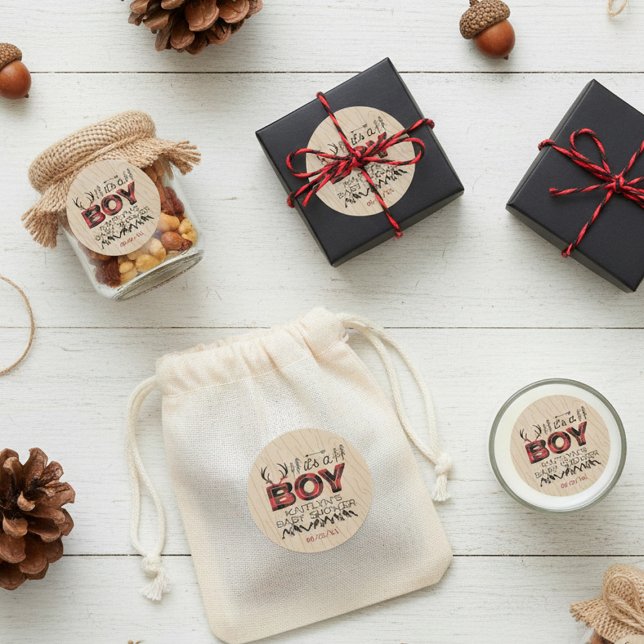 It's A Boy! Rustic Plaid Lumberjack Baby Shower Classic Round Sticker (Creator Uploaded)