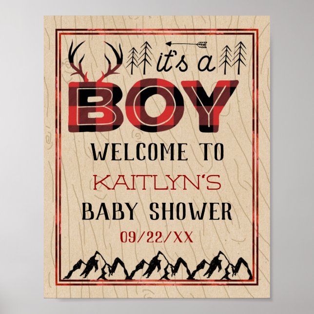It's A Boy! Rustic Plaid Lumberjack Baby Shower Poster (Front)
