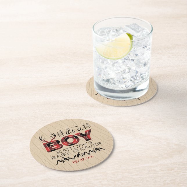 It's A Boy! Rustic Plaid Lumberjack Baby Shower Round Paper Coaster (Insitu)