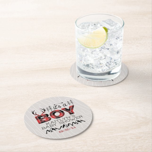 It's A Boy! Rustic Plaid Lumberjack Baby Shower Round Paper Coaster (Insitu)
