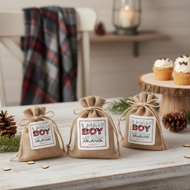 It's A Boy! Rustic Plaid Lumberjack Baby Shower Square Sticker (Creator Uploaded)