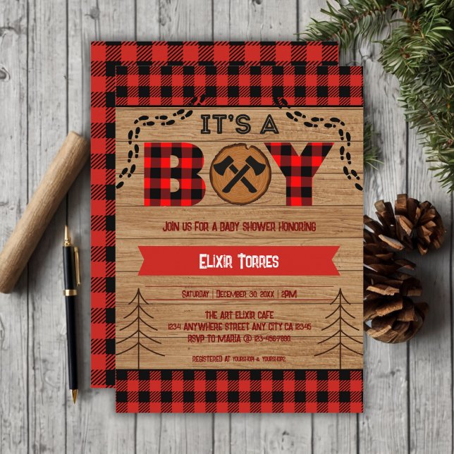 It's a boy Rustic Wood Plaid Baby Shower Invitation (Creator Uploaded)
