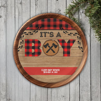 It's a boy Rustic Wood Plaid Baby Shower Paper Plate