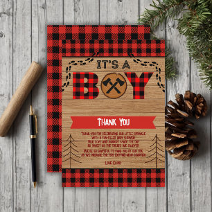 It's a boy Rustic Wood Plaid Baby Shower Thank You Card