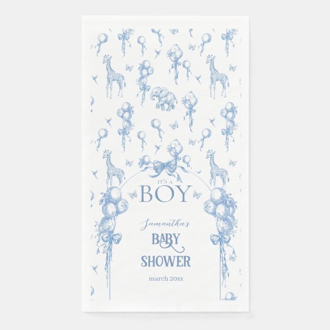 It's a Boy Safari Animal Blue Balloon Baby Shower Napkin (Front)