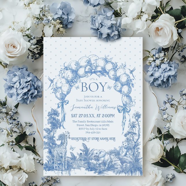 It's a Boy Safari Animal Blue Toile Baby Shower Invitation (Creator Uploaded)