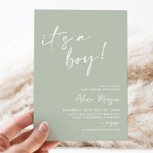 It's a Boy! Sage Green Minimal Baby Shower Invitation