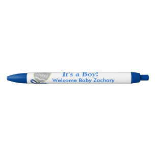 It's A Boy Silver Baby Rattle Blue Announcements Ink Pen