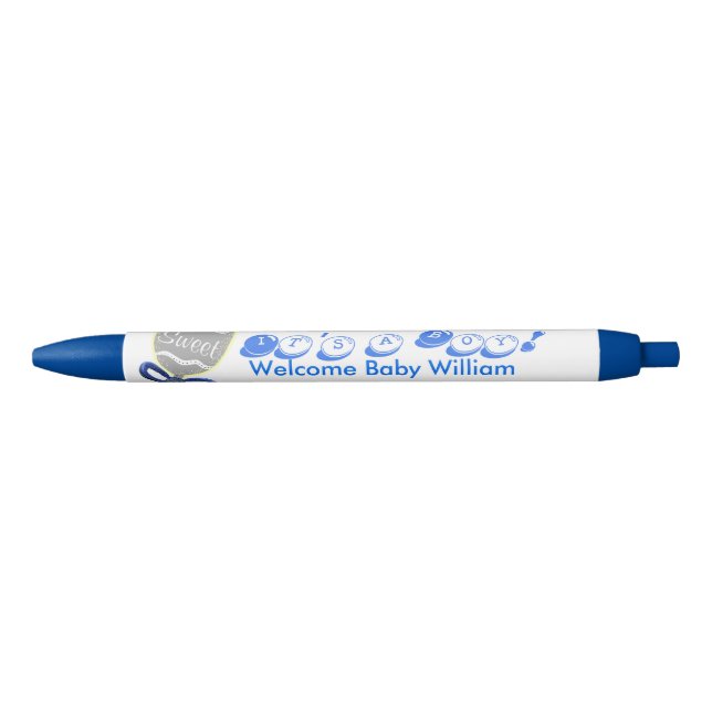 It's A Boy Silver Rattle Baby Announcements Blue Ink Pen (Front)