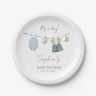 It's a Boy Simple Clothes Watercolor Baby Shower Paper Plate