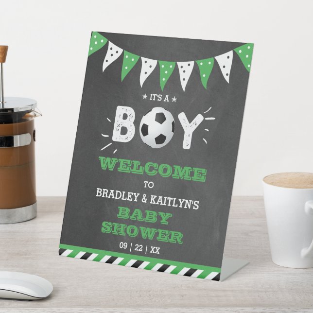 It's A Boy! Soccer Themed Baby Shower Welcome Pedestal Sign (In SItu)