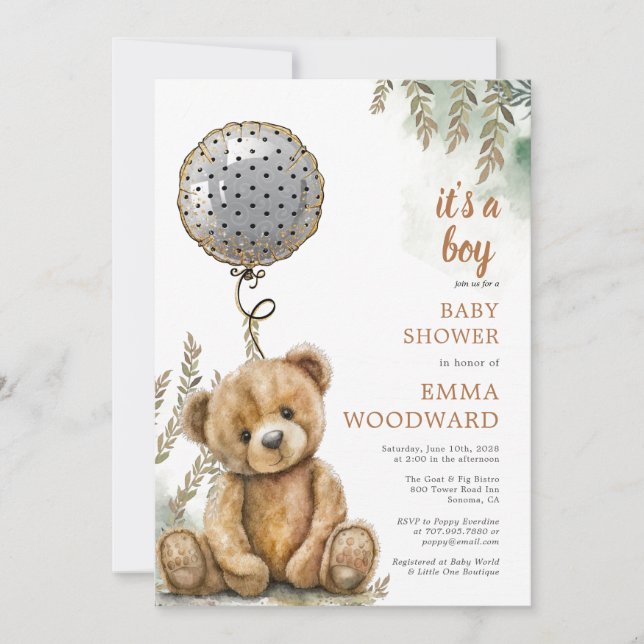 It's A Boy Teddy Bear Balloon Baby Shower Invitation (Front)