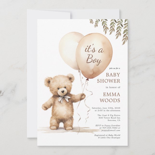 It's A Boy Teddy Bear Balloons Baby Shower Invitation (Front)