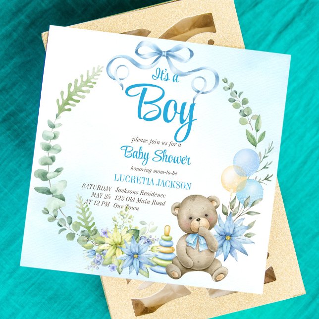 It's a boy teddy bear floral wreath baby shower (Creator Uploaded)