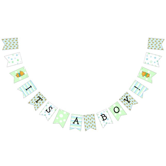 It's a Boy, Teddy Bear Green and Blue Baby Shower Bunting (All)