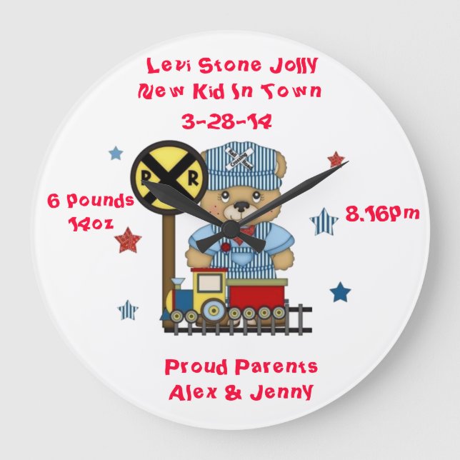 It's a Boy Teddy bear Train Large Clock (Front)