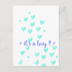 IT'S A BOY - Teel & Blue watercolour hearts design Announcement Postcard