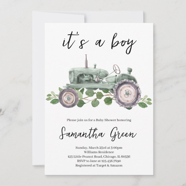 It's a Boy Tractor Baby Shower Invitation (Front)