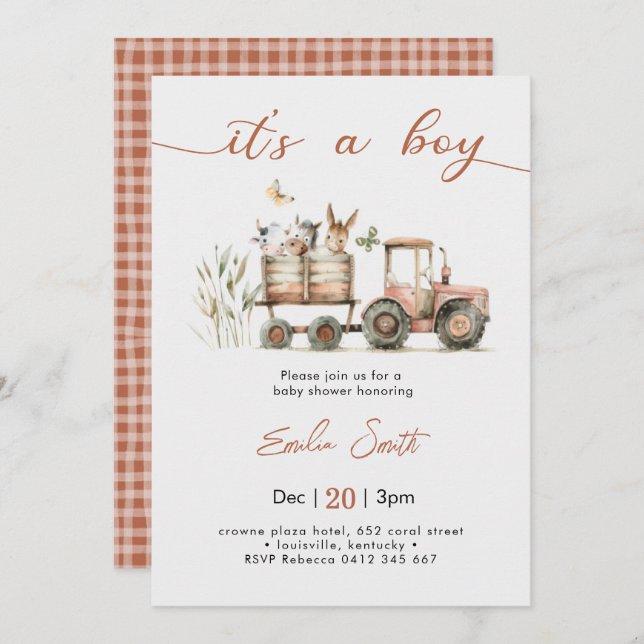  It's a Boy Tractor Baby Shower Invitation (Front/Back)