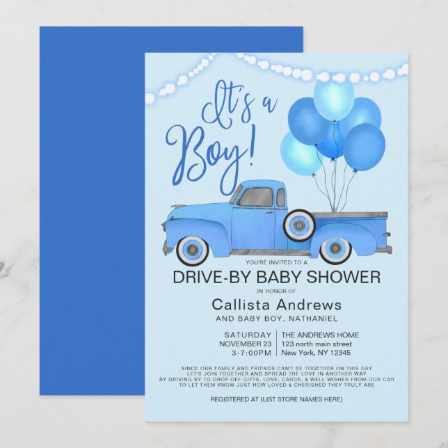 It's a Boy Truck Balloons Drive By Baby Shower Invitation (Front/Back)