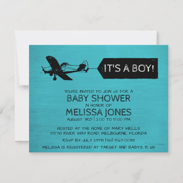 It's A Boy Turquoise Aeroplane Baby Shower Invite (Front)