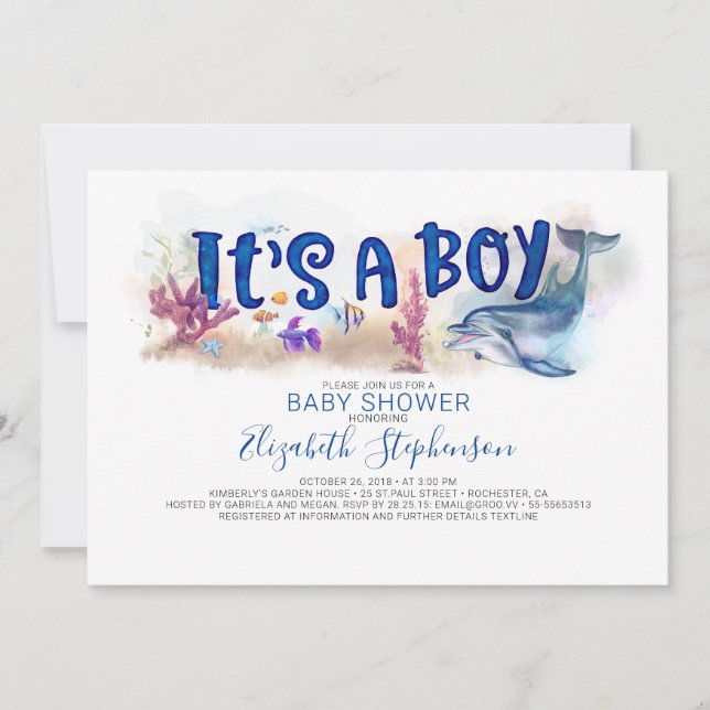 It's a Boy Underwater Ocean Dolphin Baby Shower Invitation (Front)
