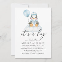 Its a boy. Watercolor cute penguin baby shower
