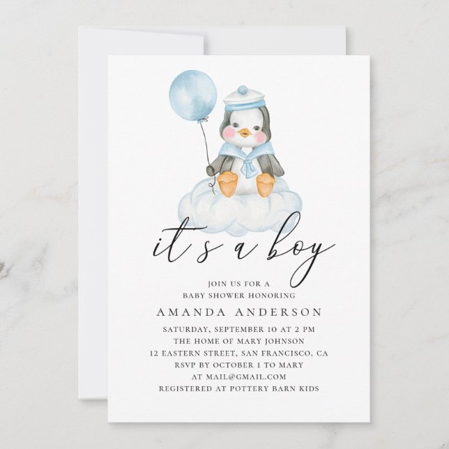 Its a boy. Watercolor cute penguin baby shower Invitation (Front)