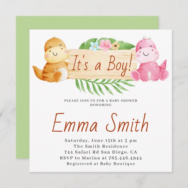 It's a Boy Watercolor Dinosaur Baby Shower Invitation (Front/Back)