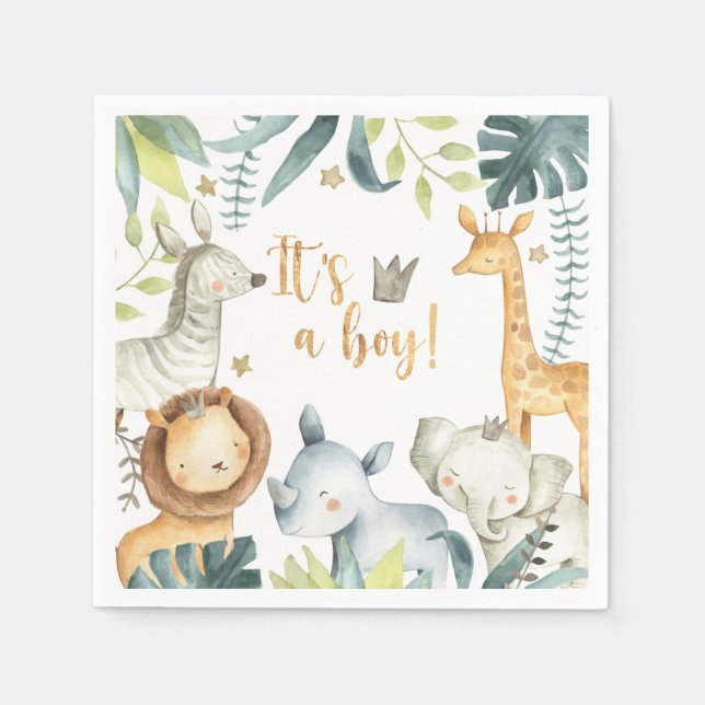 It's a boy Wild Giraffe Zebra Elephant Baby Shower Napkin (Front)