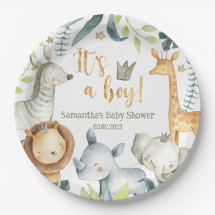 It's a boy Wild Giraffe Zebra Elephant Baby Shower Paper Plate