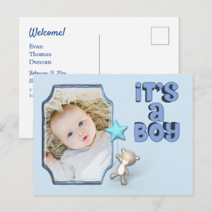 It's A Boy With Photo Baby Bear Announcement Card