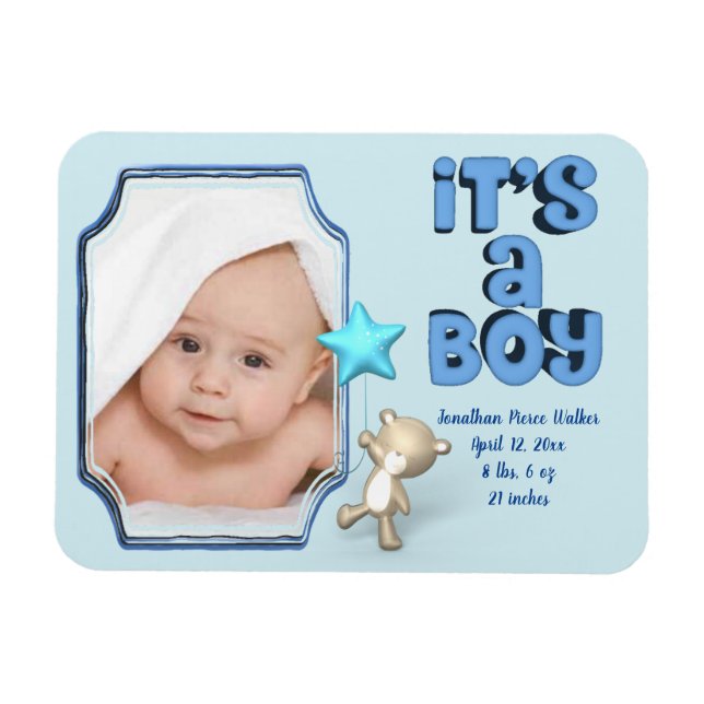 It's A Boy With Photo, Information and Baby Bear Magnet (Horizontal)