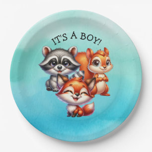 It's a Boy Woodland Creatures Baby Shower Paper Plate