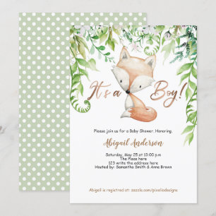 Its a Boy, Woodland fox, Greenery, Rose gold Invitation