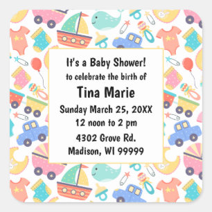 It's a Colourful Baby Shower Light Save the Date Square Sticker