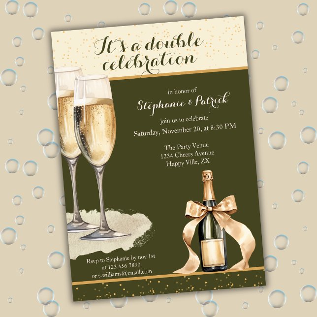 It's a Double Celebration Green Champagne Birthday Invitation (Creator Uploaded)