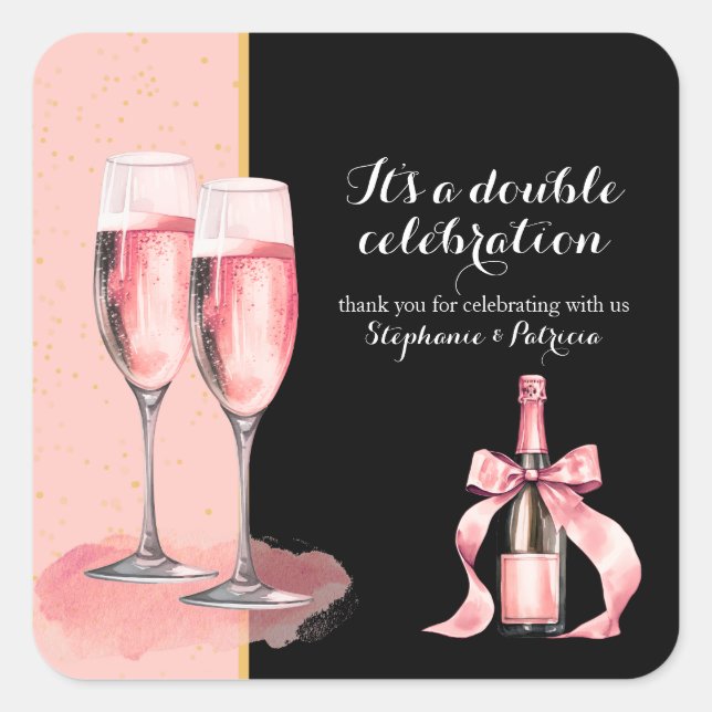 It's a Double Celebration Pink Champagne Birthday Square Sticker (Front)
