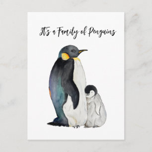 It's a family of penguins watercolor drawing holiday postcard