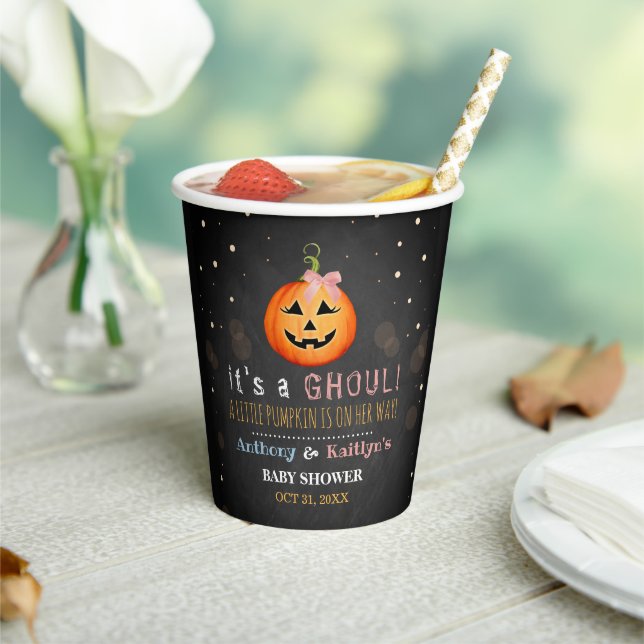 It's A Ghoul! Little Pumpkin Halloween Baby Shower Paper Cups (Insitu)