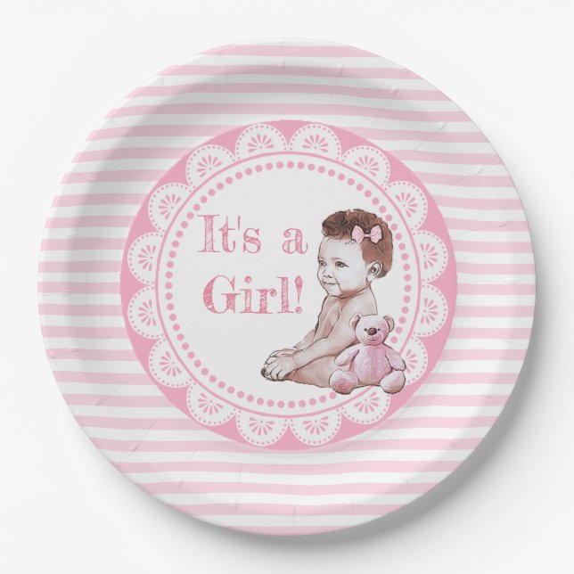 It's a Girl African American Baby Shower Paper Plate (Front)
