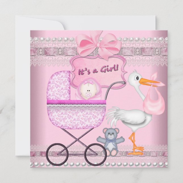 It's A Girl Baby Anouncement Pink Pram Announcement (Front)