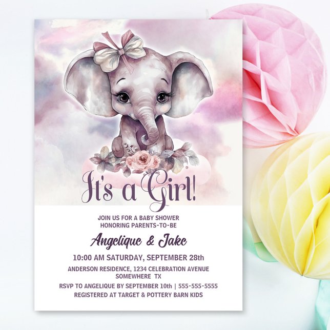 It's a Girl Baby Elephant Girl Baby Shower Invitation (Creator Uploaded)