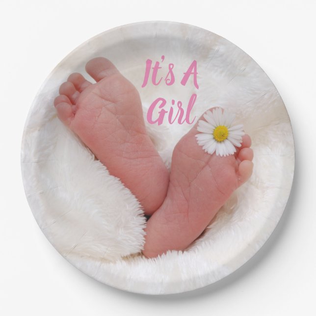 It's A Girl Baby Feet with Daisy  Paper Plate (Front)