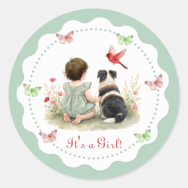 It's a Girl | Baby Girl and her Puppy Baby Shower  Classic Round Sticker (Front)