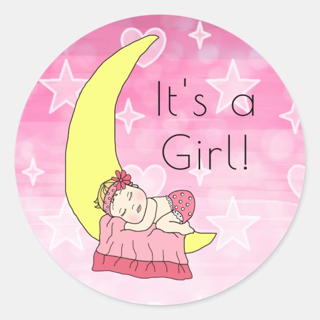 It's a Girl , Baby Girl on Moon Pink Classic Round Sticker (Front)