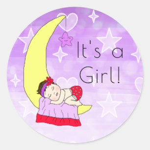 It's a Girl , Baby Girl on Moon Purple Brunette Classic Round Sticker