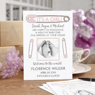 It's a Girl Baby Photo Pink Birth Announcement