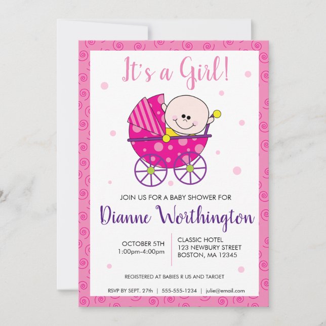 It's a Girl Baby Pink Spiral Shower Invitation (Front)